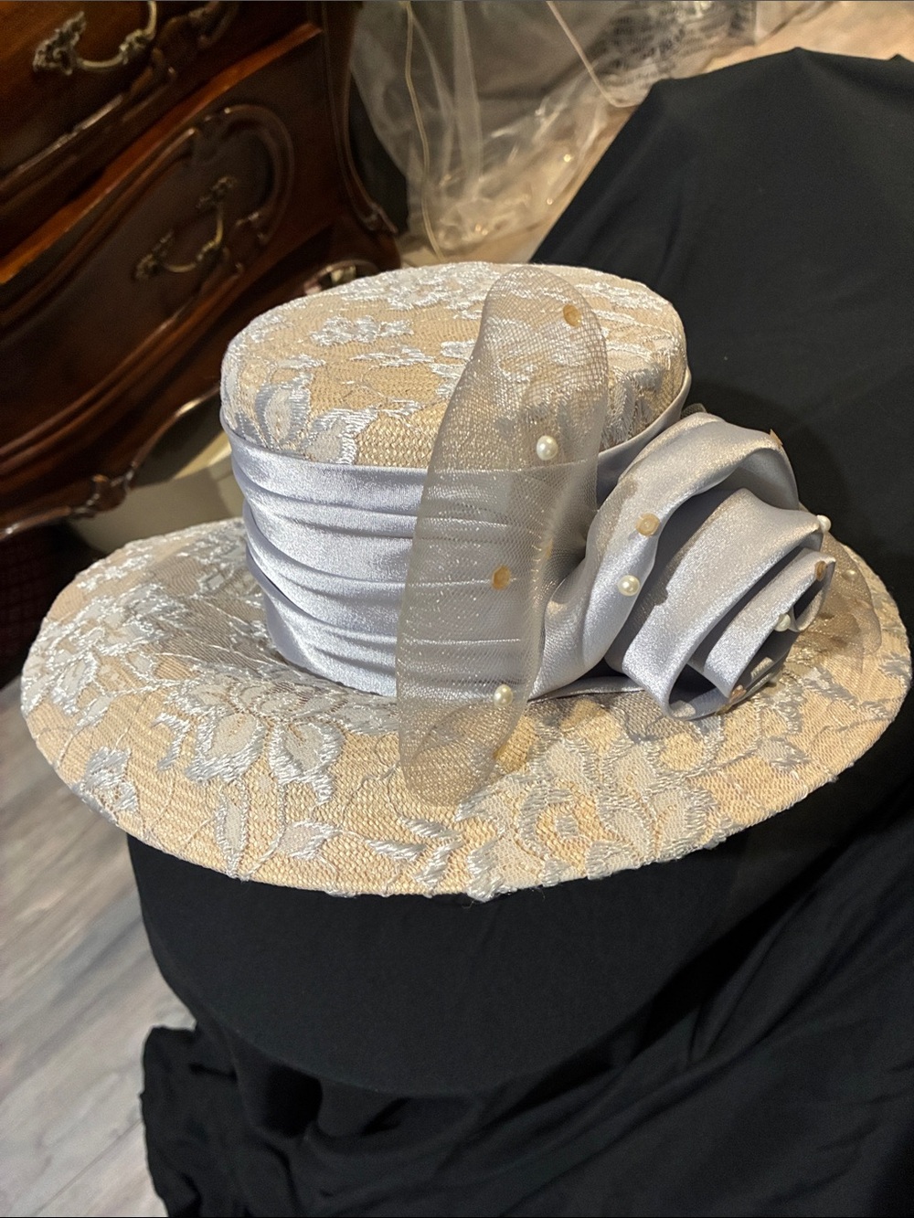 Elegant Designer Beige Straw w/Silver Lace Women's Dress Hat with Satin Rosette